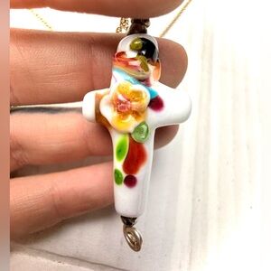 Vintage Artisan Glass Cross Pendant With Flower Necklace Hand Painted‎ Two Tone